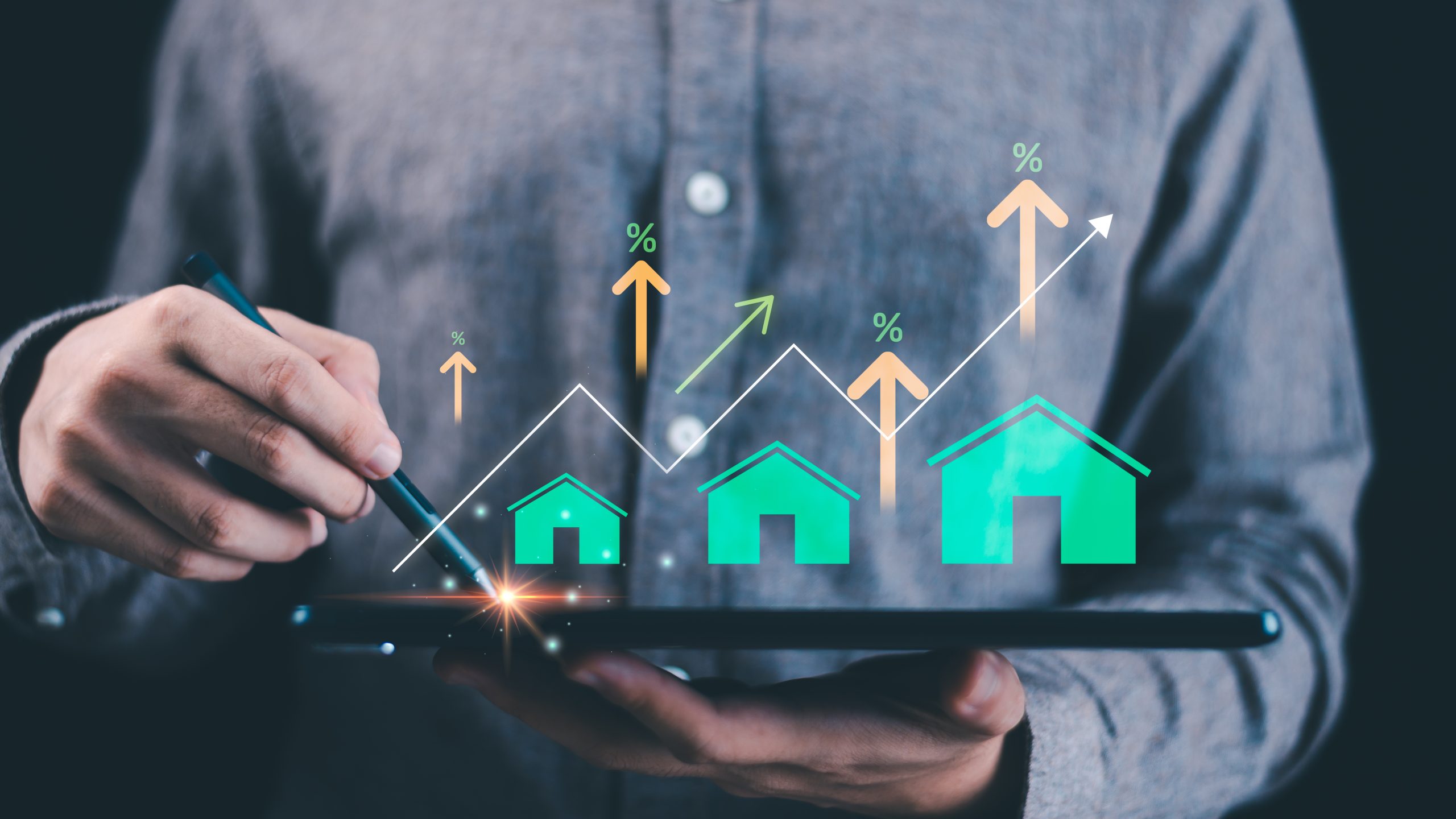 Concept of financial growth and real estate investment analytics, symbolizing economic progress, property value increase, digital business, and smart investment in housing markets.